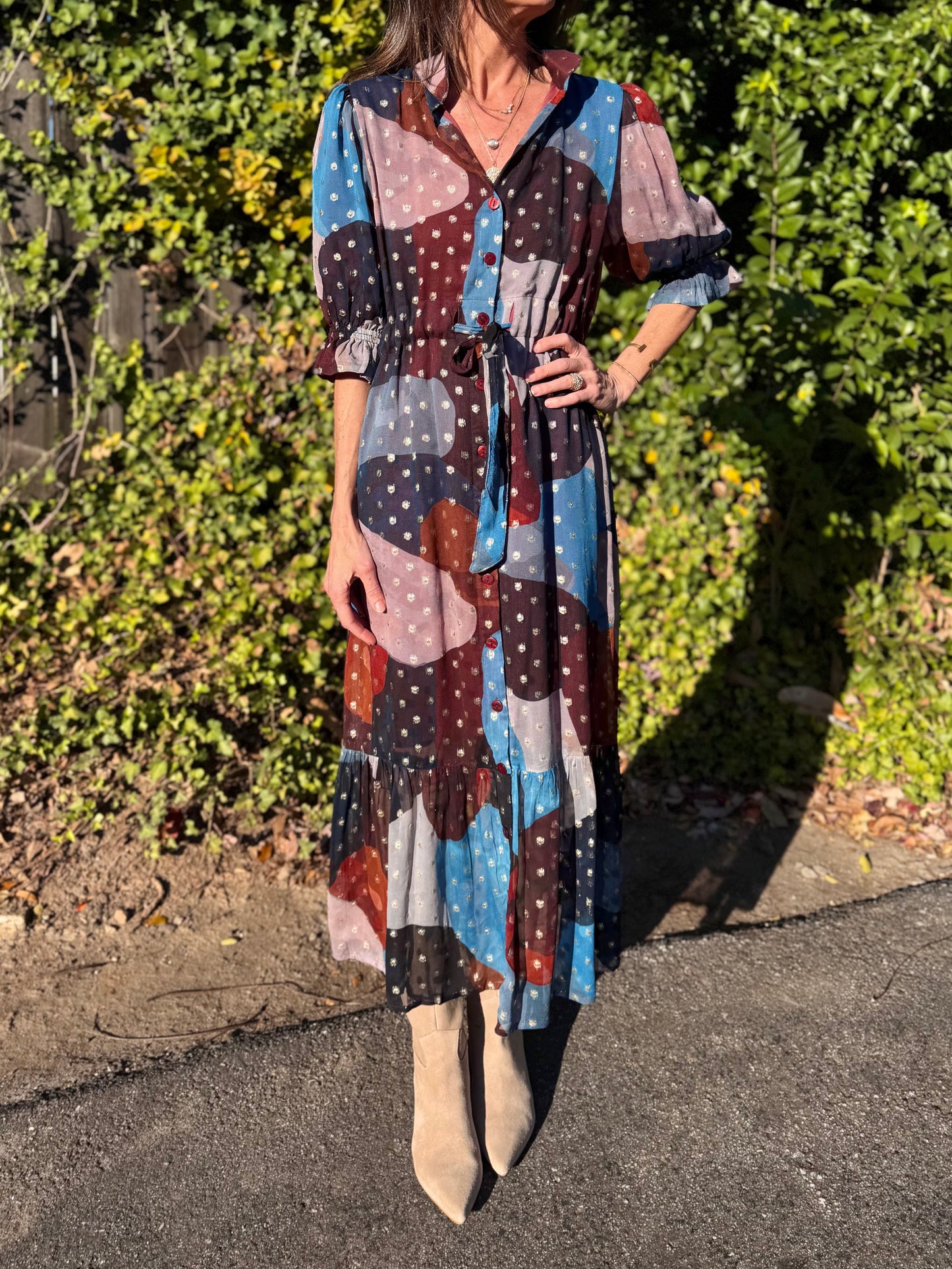 Catherine Shirt Dress in abstract lurex by Holly Shae