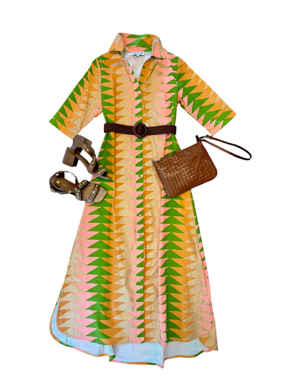 Eloise Maxi Dress in yellow bagru triangle sunrise by Beau & Ro