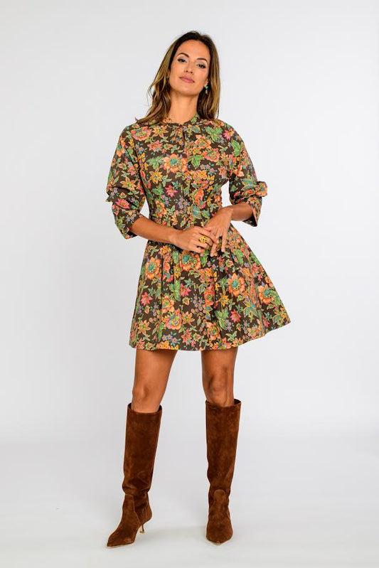 Cameron Printed Dress in wallflower brown by Elizabeth James
