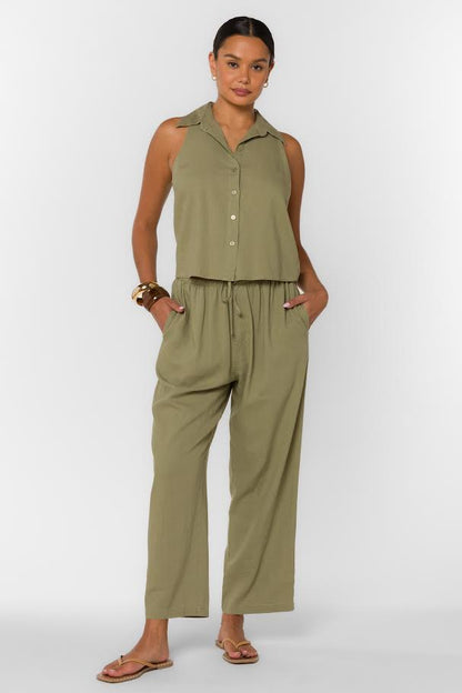 Roselle Linen Sleeveless Top in aloe olive by Velvet Heart