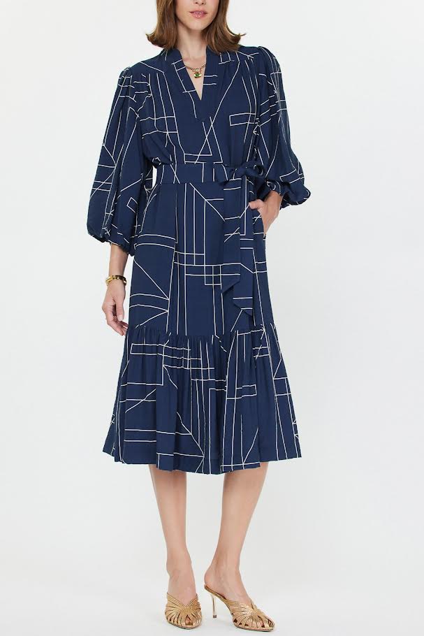 Stand Collar V-Neck Puff Sleeve Midi Dress in navy by Current Air