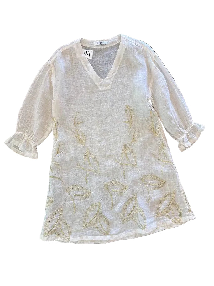 Embroidered Linen Dress in ecru/gold by Haris Cotton