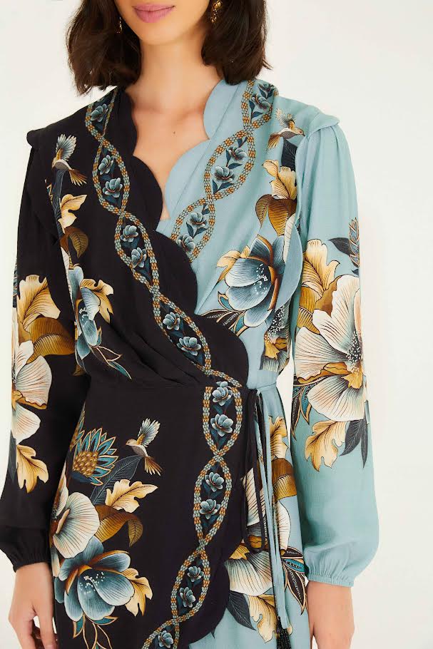 Snake Garden Mix Wrap Wavy Mini Dress in black/white by Farm Rio