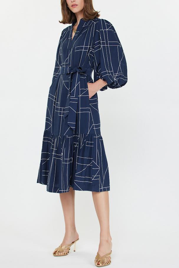 Stand Collar V-Neck Puff Sleeve Midi Dress in navy by Current Air