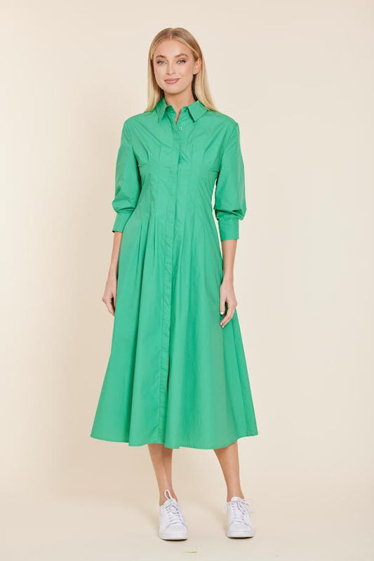 Poplin 3/4 Sleeve Dress with Darted Waist in green by Dolce Cabo