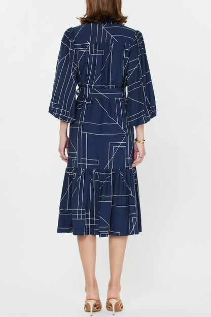 Stand Collar V-Neck Puff Sleeve Midi Dress in navy by Current Air