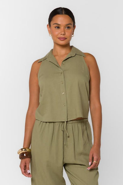 Roselle Linen Sleeveless Top in aloe olive by Velvet Heart