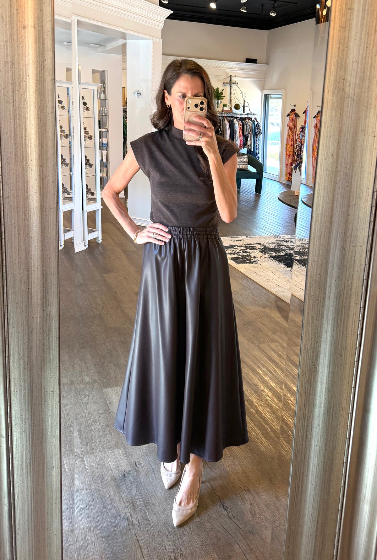 Faux Leather Midi Skirt in cacao by Esqualo