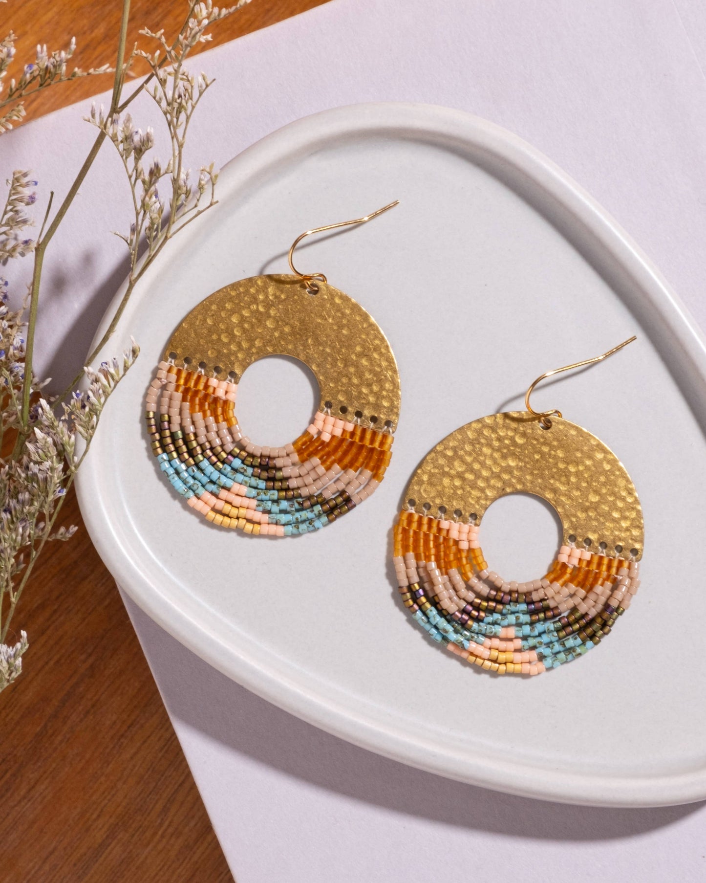 Beaded Handwoven Organic Circular Fringe Earrings in earth by Mayana