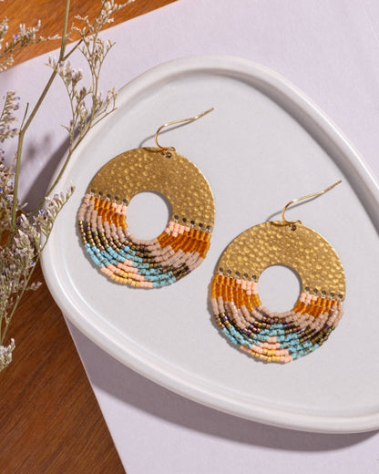 Beaded Handwoven Organic Circular Fringe Earrings in earth by Mayana