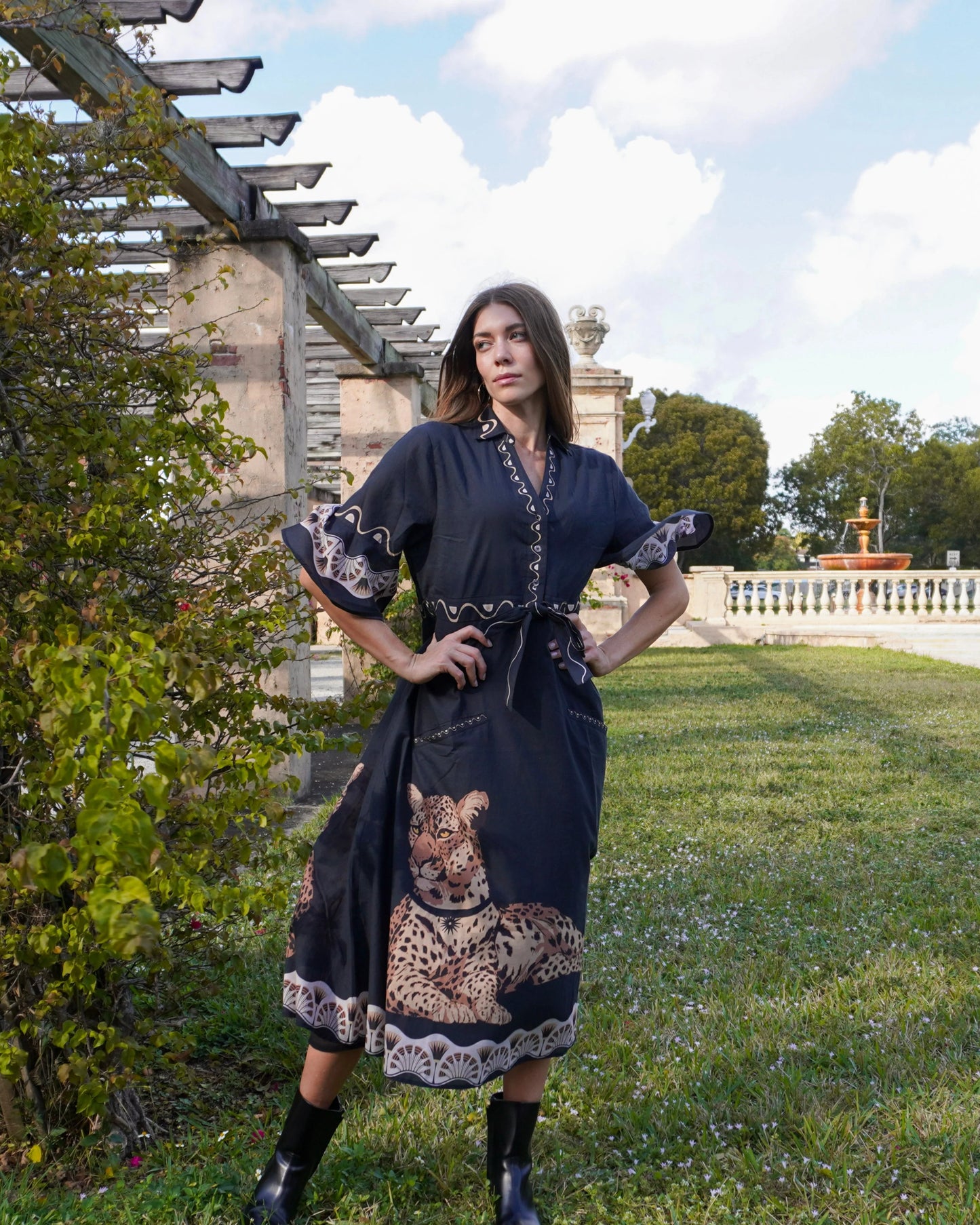 Cape Midi Dress in cheetah black by Isla Payal