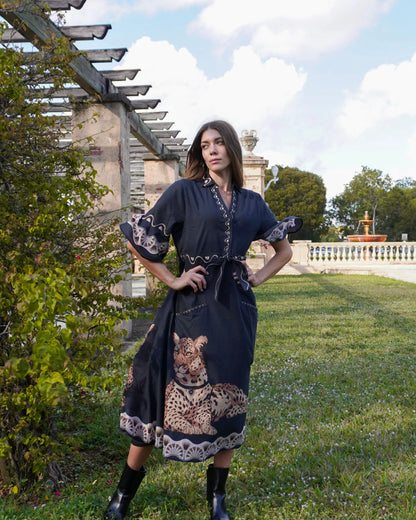 Cape Midi Dress in cheetah black by Isla Payal