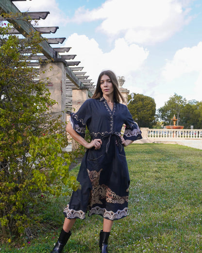 Cape Midi Dress in cheetah black by Isla Payal