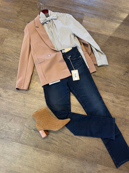 Stripe Neck Tie Blouse in grey by B-YU