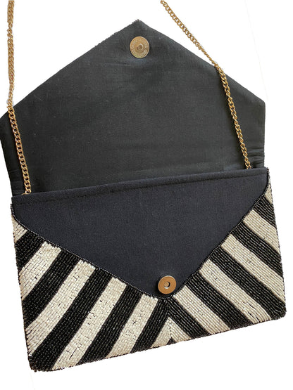 Beaded Stripe Clutch in black/white