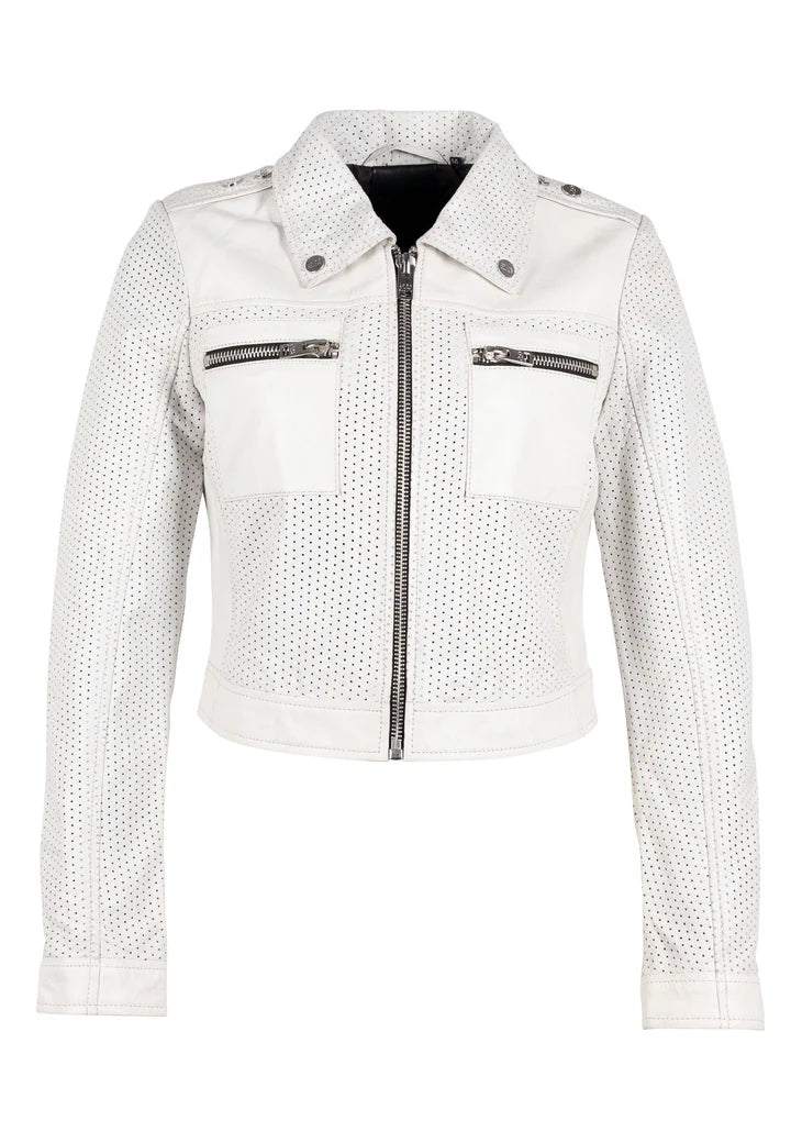 Shala RF Leather Jacket in off white by Mauritius