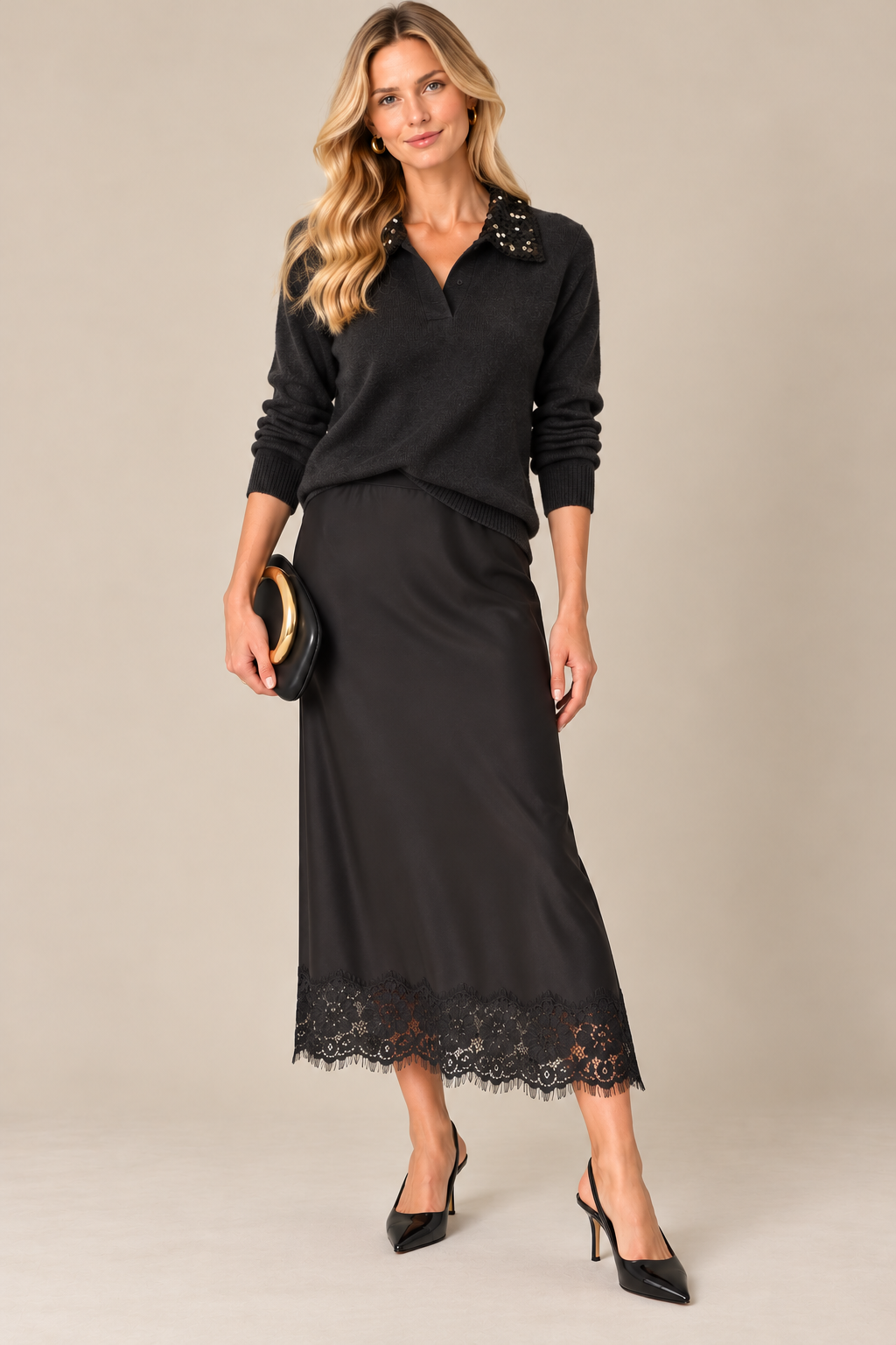 Satin Slip Skirt with Lace in black by Esqualo