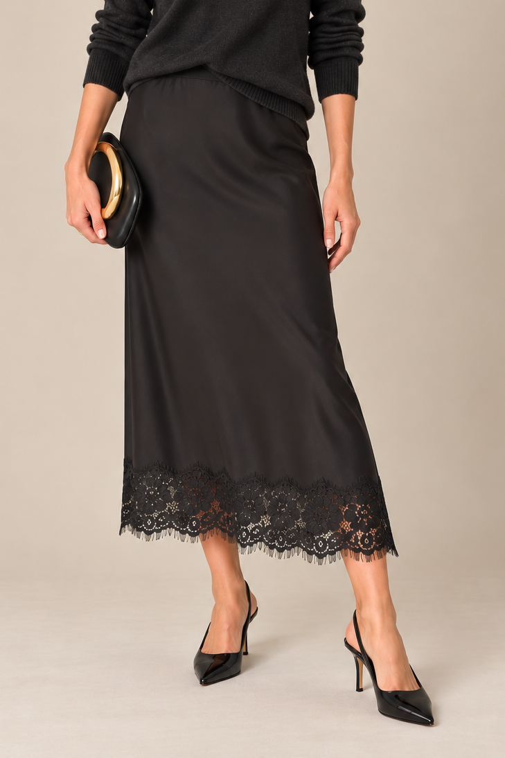Satin Slip Skirt with Lace in black by Esqualo