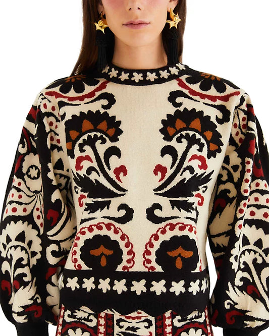 Winter Tapestry Stripes Knit Sweater in white by Farm Rio