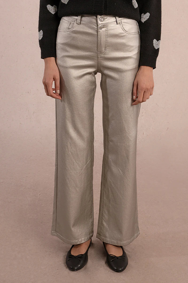 Wide Leg Coated Jeans in silver by Molly Bracken