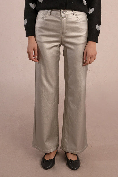 Wide Leg Coated Jeans in silver by Molly Bracken