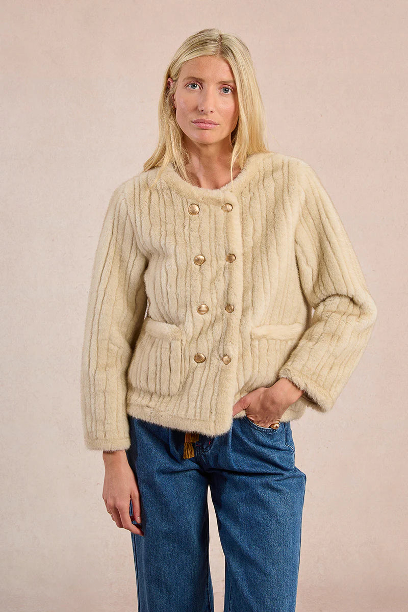 Double Breasted Button Faux Fur Jacket in beige by Molly Bracken