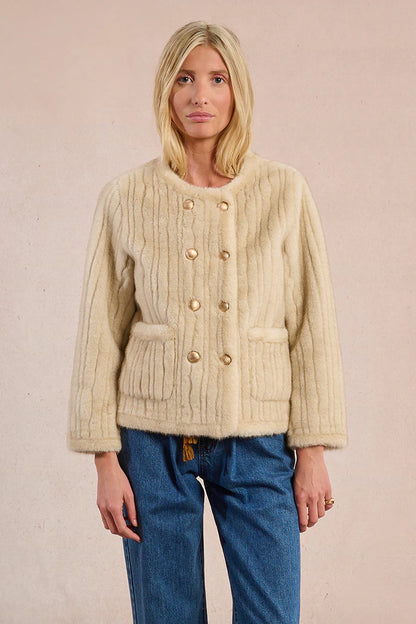 Double Breasted Button Faux Fur Jacket in beige by Molly Bracken
