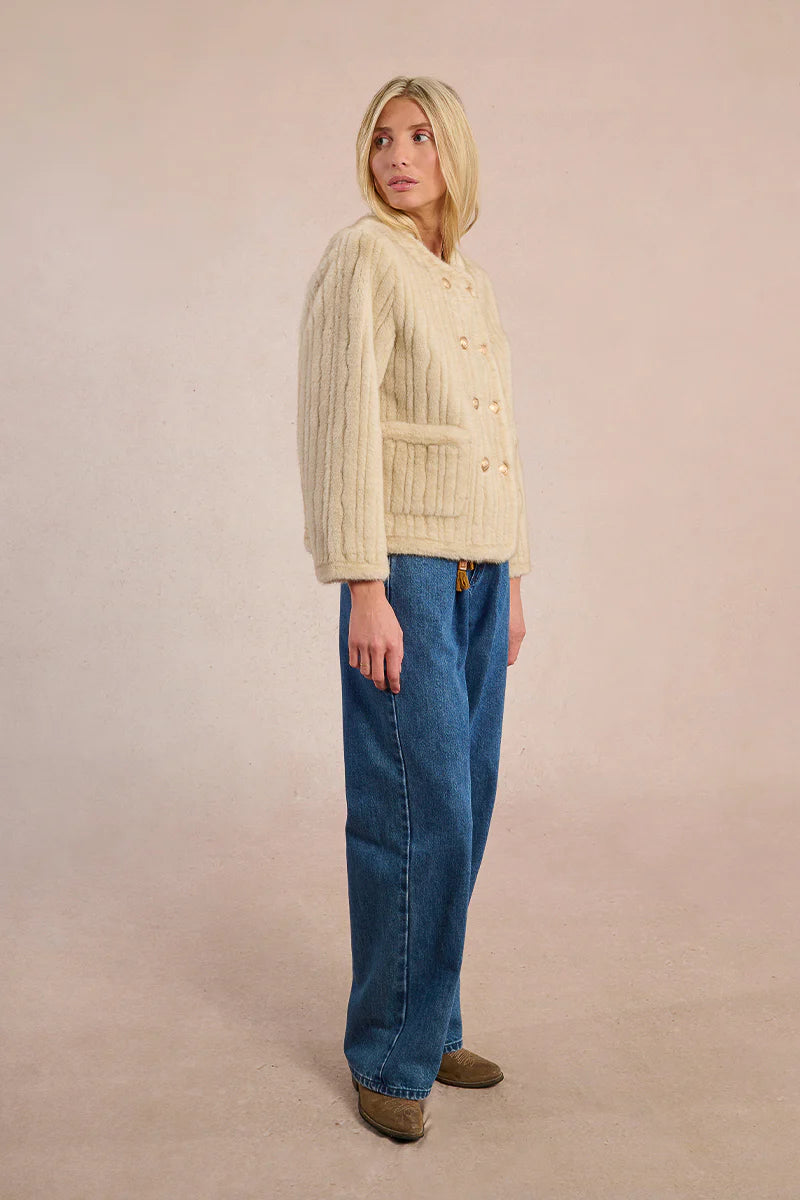 Double Breasted Button Faux Fur Jacket in beige by Molly Bracken