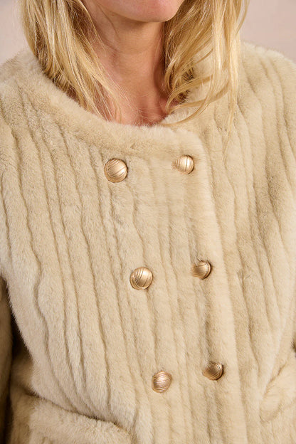 Double Breasted Button Faux Fur Jacket in beige by Molly Bracken