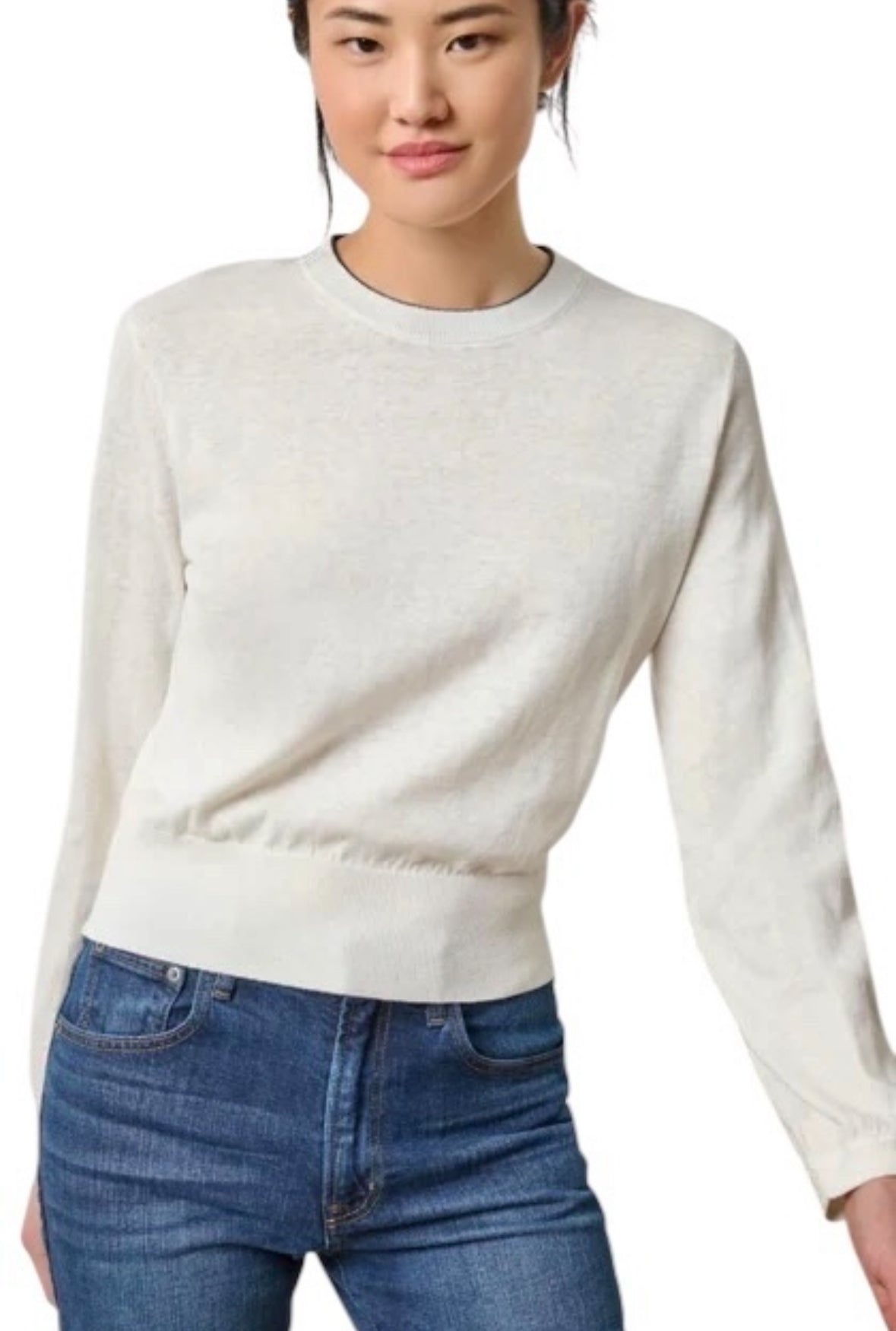 Shirred Sleeve Crewneck Sweater in ivory by Lilla P