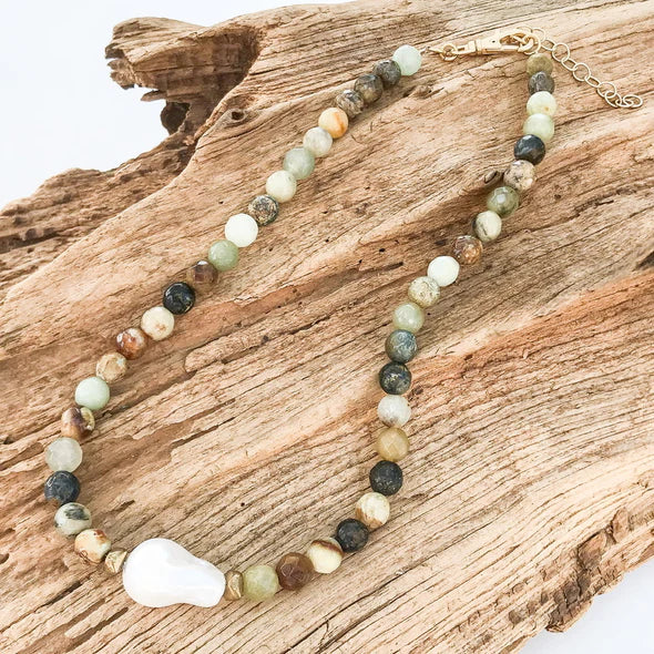 The Kamryn Gemstone Pearl Necklace in meadow by Virtue