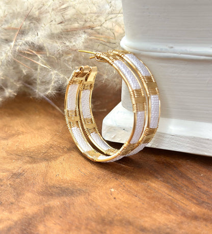 Handwoven Wire and Cord Everyday Hoop Earrings in white by Mayana