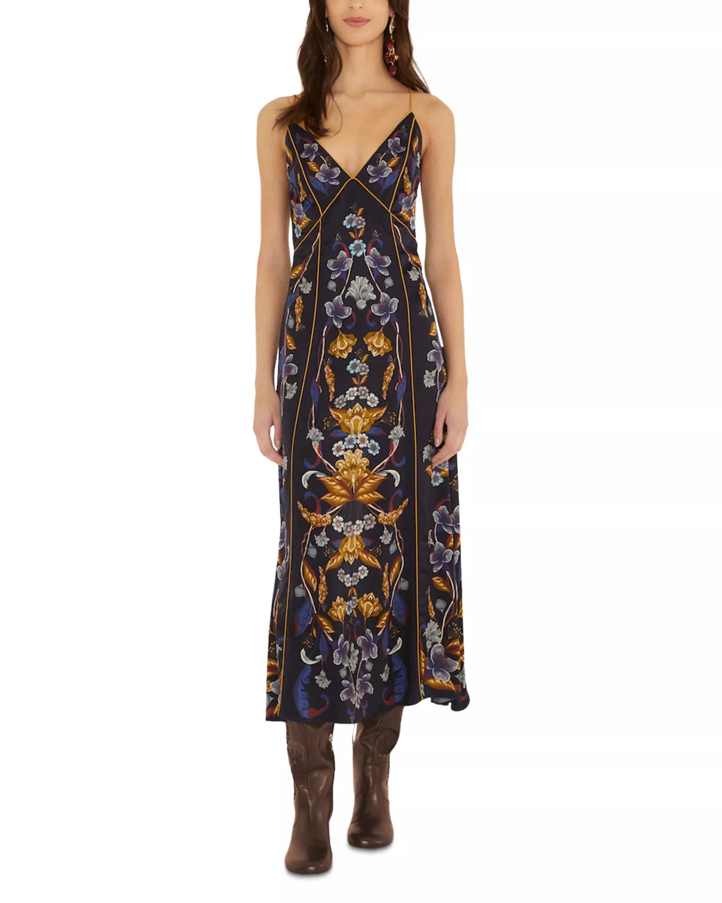 Golden Nature Slip Dress in navy blue by Farm Rio