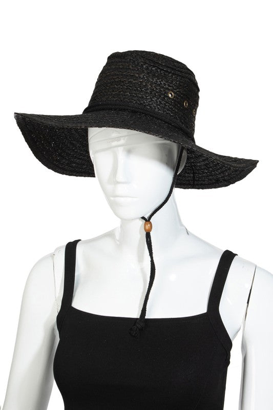 Chin Strap Straw Sun Hat in black