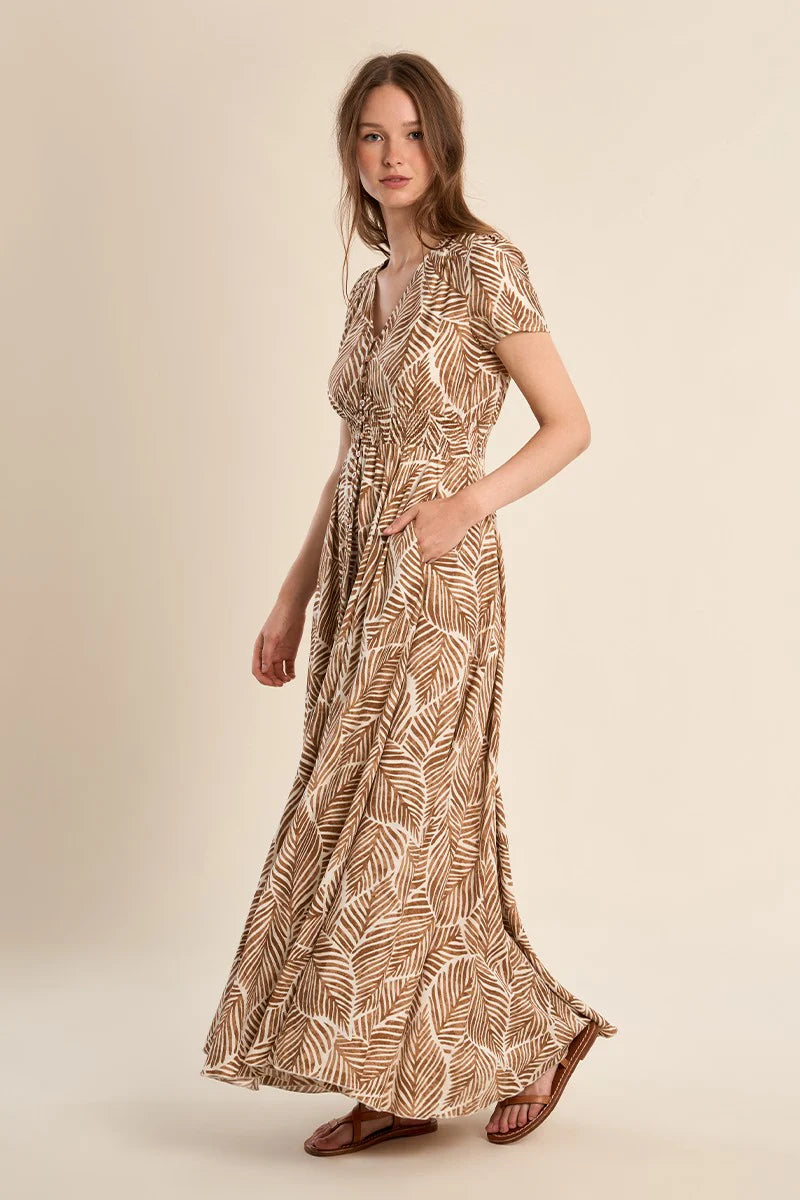 Printed Maxi Dress in camel mathilde by Molly Bracken