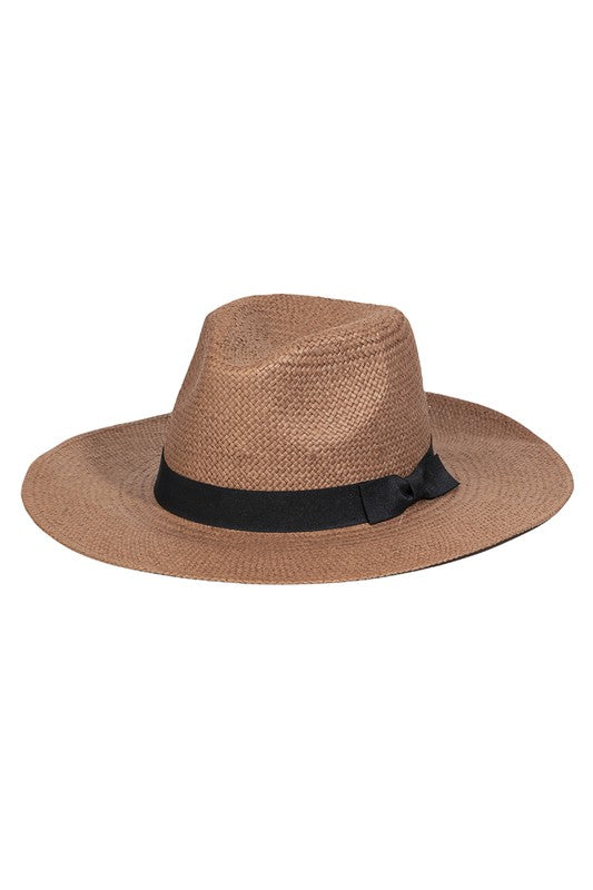 Basket Weave Ribbon Bowtie Fedora Hat in brown