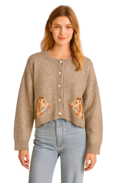 Horse Print Button Up Cardigan in mocha by Dreamers