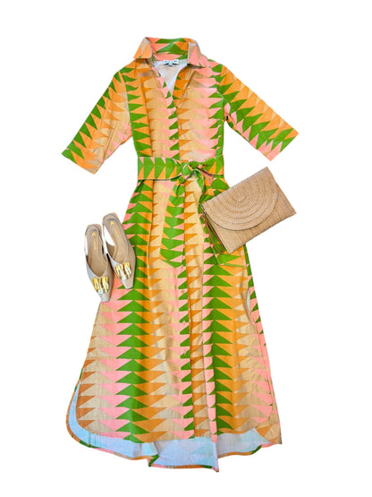 Eloise Maxi Dress in yellow bagru triangle sunrise by Beau & Ro