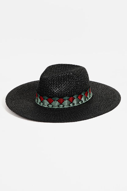 Fan Pattern Strap Straw Fedora Hat in black