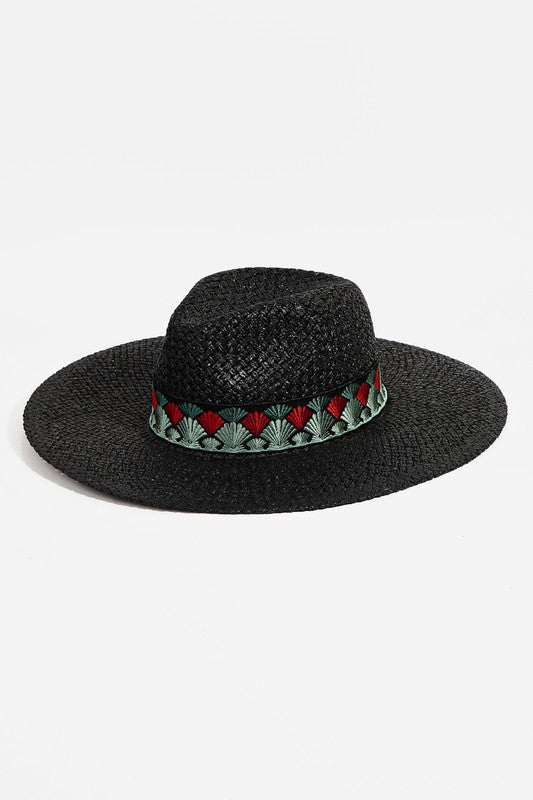 Fan Pattern Strap Straw Fedora Hat in black