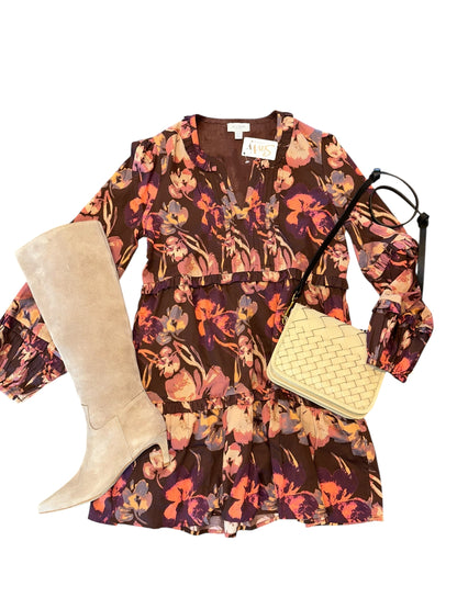 Michelle Mini Dress in brown floral by Allison