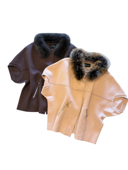 Natural Fur Trimmed Cardigan Poncho in camel by Dolce Cabo