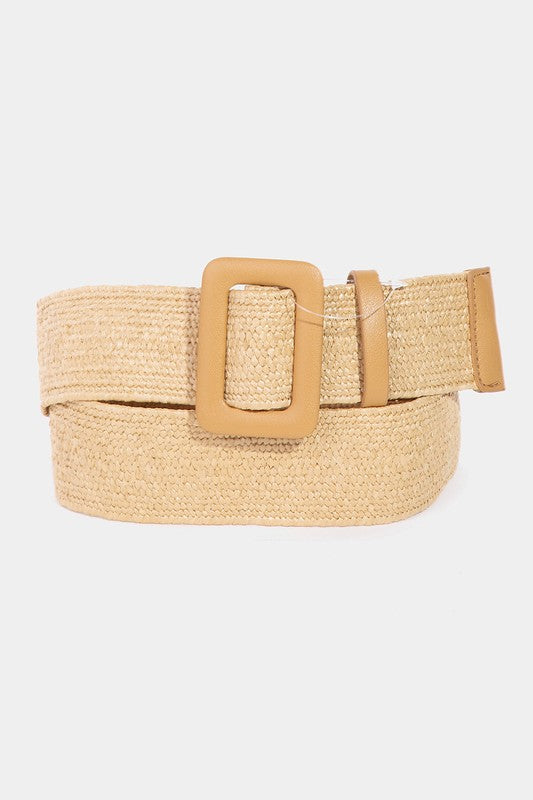 Rectangle Buckle Straw Braided Belt in khaki