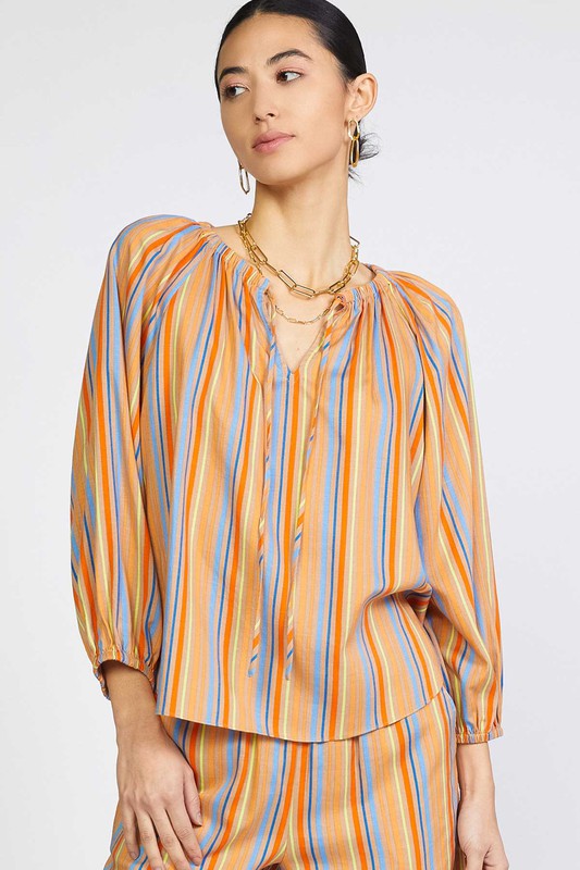 Multi Stripe Round Neck Blouse in brown by Current Air