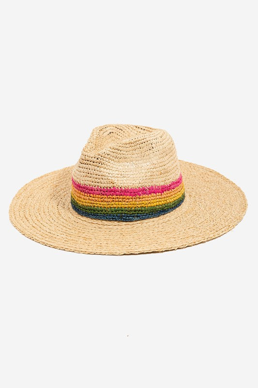 Rainbow Stripe Braided Sun Hat in tan
