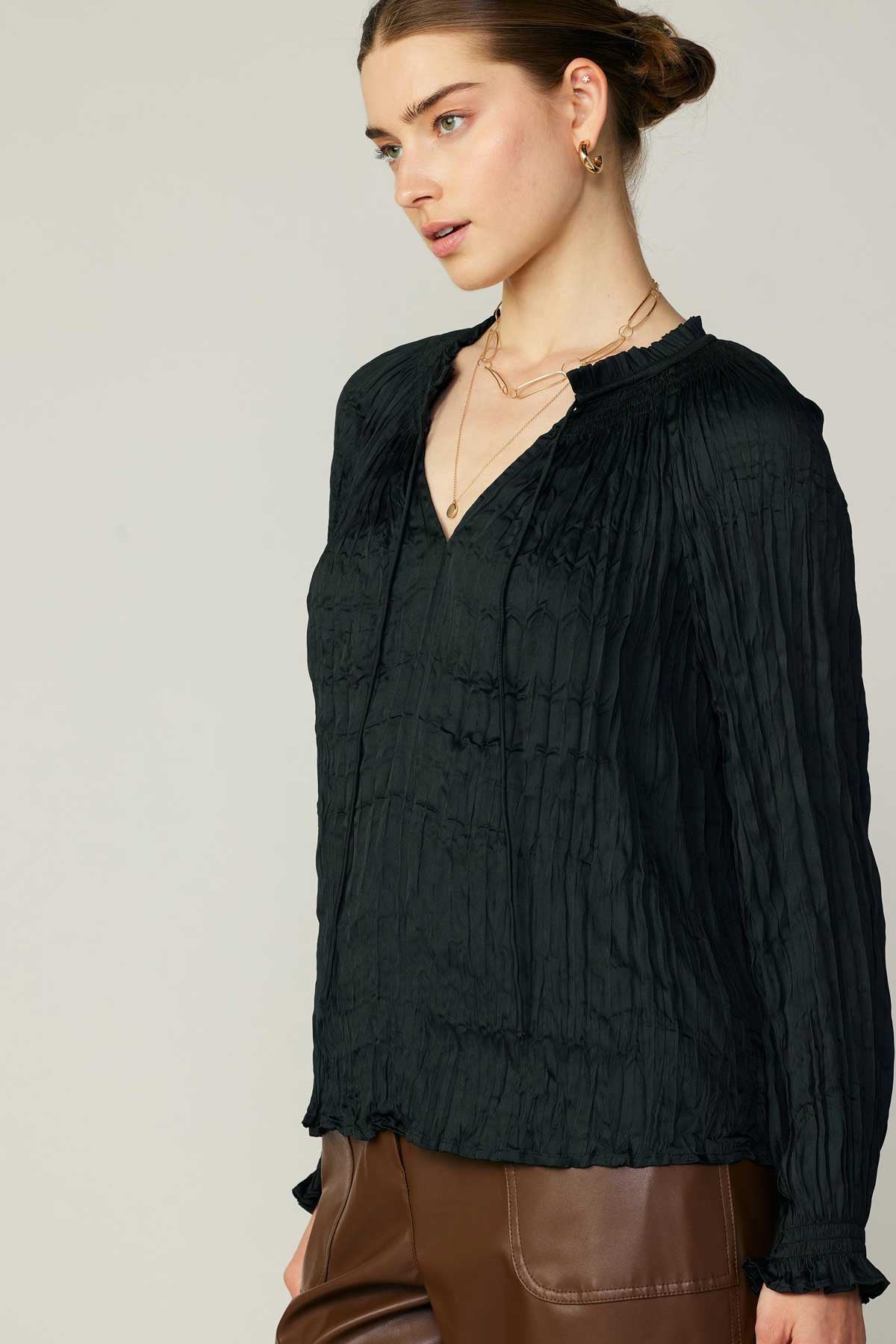 Wrinkled Long Sleeve Blouse in black by Current Air