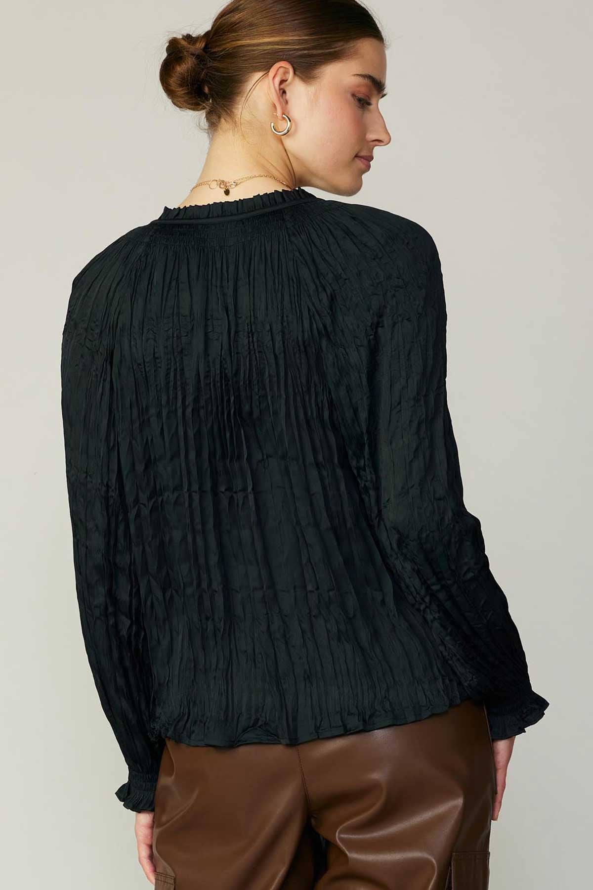 Wrinkled Long Sleeve Blouse in black by Current Air