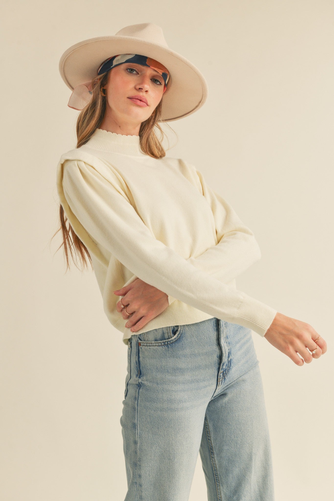 Mock Neck Shoulder Detail Sweater in ivory by &Merci