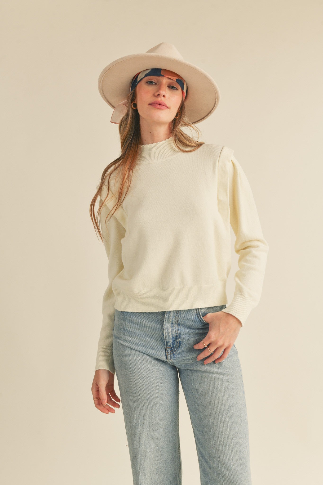 Mock Neck Shoulder Detail Sweater in ivory by &Merci