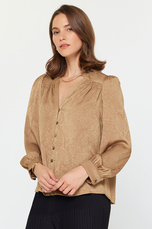 Split Neck Blouse with Ruffled Neck in bronze by Current Air